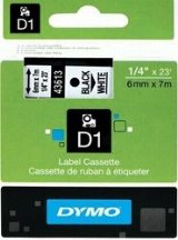 Dymo 43613 D1 Tape / 6 mm. x 7m / Sort Tekst / Hvid Tape - Mærkattape