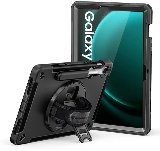 Rainproof Military Grade Rugged Case With Hand Strap And Kick-standSamsung Galaxy Tab S10 FE, Samsung Galaxy Tab S9 FE Sort - Beskyttende kasse til tablet