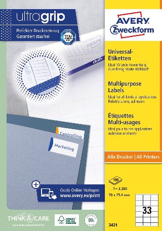Avery Universaletiketter til generelle formål, 70 x 25,4 mm, 3.300 Etiketter, Hvid