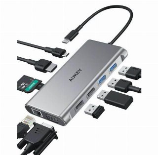 Aukey Aluminum USB-C Hub | 10 in 1 | RJ45 Ethernet 10/100/1000Mbps | 4xUSB | HDMI 4k@30Hz | SD and microSD | USB-C Power Delivery 100W